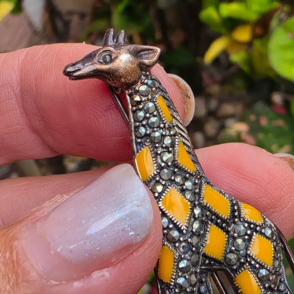 Vintage Sterling Marcasite Giraffe Brooch Yellow Enamel 925 Thailand